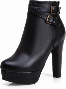 Женские готические кожаные ботильоны ForeMode на массивном каблуке с модным заклепанным ремешком в стиле панк, Black-H3001