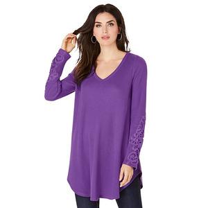Женская плюс сайз трикотажная термотуника с кружевной отделкой и длинным рукавом Roaman'S, Purple Orchid