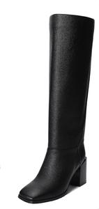 Женские сапоги до колена с массивным каблуком, квадратным носком, боковой молнией, трубчатым голенищем, мягкой кожей PU с текстурой личи, классические модные длинные сапоги Feetquake, Black Lichee