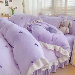 Disney Комплект постельного белья, 4 предмета, 180x200 см, высоковесный молочный вельвет, двойная теплота, широкое кружево, фиолетовый