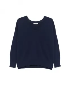 Хлопковый свитер темно-синего цвета с ребристым V-образным вырезом. Le Tricot Perugia, синий