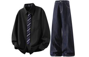 Повседневная спортивная одежда Unisex с лацканом Moderate X1617, черный shirt+темно-синий jeans