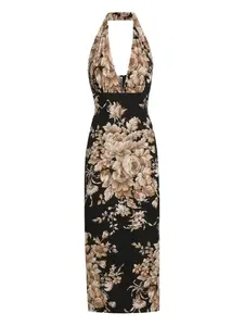 Платье миди с вырезом халтер и цветочным принтом DOLCE & GABBANA, черный