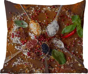Подушка для улицы - Специи - Травы - Ложка - Соль - Коричневый - Кухня - 40x40 см - Устойчива к погодным условиям - Подушка для отдыха - Подушка - Интерьер - Обивка с изображением MuchoWow