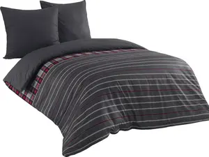Комплект постельного белья из 3 предметов, двусторонний, 200x200 см, полосатый, антрацитово-серый, хлопок, перкаль One-Home