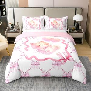 Erosebridal Комплект постельного белья Kawaii Cat из 100% хлопка с розовыми бантами и мультяшными котятами, Blush Orange