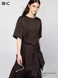Сатиновая укороченная блузка оверсайз с рукавом до локтя Uniqlo, 39 dark brown