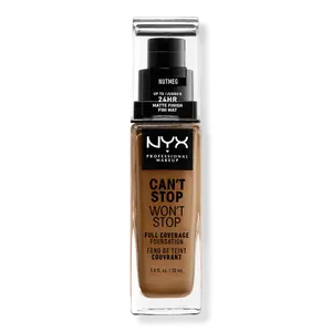 Тональная основа Can't Stop Won't Stop с матовым покрытием, обеспечивающая полное покрытие в течение 24 часов. NYX Professional Makeup, Nutmeg (medium deep w/ cool undertone)