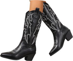 Женские ковбойские сапоги в металлическом стиле, западного дизайна, до колена, с острым носком, на массивном каблуке, на молнии, ретро, классические высокие сапоги, блестящие металлические, в стиле кантри, винтажные, 2025 Generic, Black