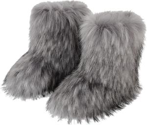 Мягкие пушистые меховые ботинки для женщин, модные сапожки из искусственного меха, зимние теплые ботинки до середины голени, снежные ботинки на плоской подошве для улицы NIGXWNS, Grey