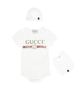 Комплект из хлопкового боди, нагрудника и шапочки Gucci Kids, белый