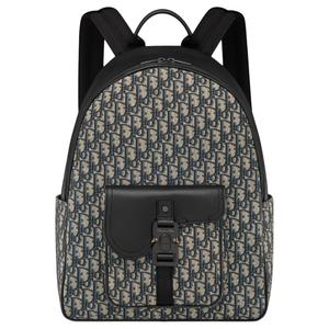 Седловой косой жаккардовый холщовый рюкзак с зернистой телячьей кожей Классический мужской бежево-черный DIOR