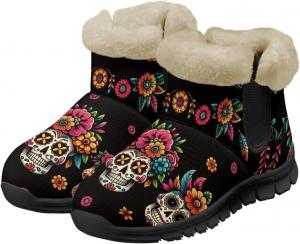 Женские зимние ботинки Jeiento Sugar Skull с цветами, пушистые, утепленные, с нескользящей подошвой, Sugar Skull Flower