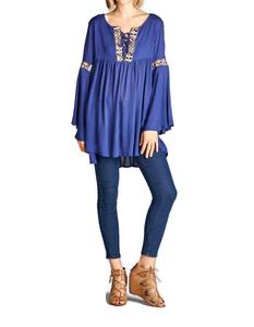Вышитый топ-туника с рукавами-колокольчиками синего цвета Velzera