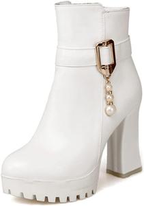 Женские модные ботильоны на высоком каблуке VOKLIN с округлым носком, боковой молнией для вечеринок, короткие, White-Velvet Lined