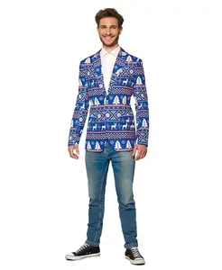 Мужской синий рождественский блейзер - праздничный скандинавский принт в стиле Ugly X-Mas - синий - белый Suitmeister