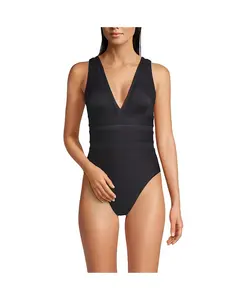 Женский сетчатый ребристый слитный купальник с глубоким вырезом и высокими боковинами Lands' End, черный