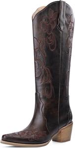 Женские ковбойские сапоги до колена, вестерн-стиль, заостренный носок, широкий каблук, ретро-вираж, вышивка с цветочным узором, сапоги на шнуровке с высокими голенищами VOZTOLLS, Dark Brown