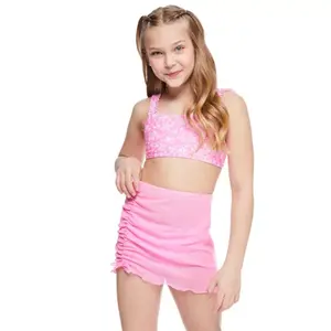 Желтое бикини с цветочным принтом и парео для девочек 4-18 лет, стандартный и плюс размер Breaking Waves, цвет ditsy floral pink