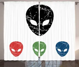 Шторы ABAKUHAUS White Rustic, с рисунком головы инопланетян в стиле гранж, универсальные ленточные шторы для гостиной с петлями и крючками, 280 x 245 см, цвет: зеленый, красный Abakuhaus