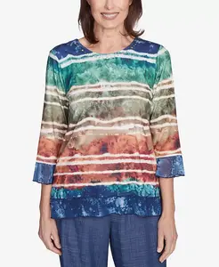 Женский топ Biadere в полоску с принтом тай-дай и круглым вырезом Summer Solstice Alfred Dunner, мультиколор