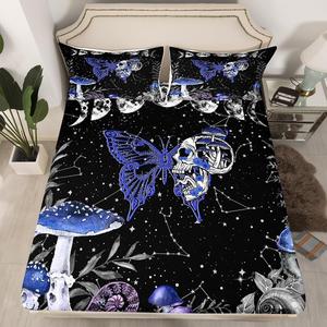 Erosebridal Комплект постельного белья Skull Butterfly Constellation Celestial Moon Night Gothic Skeleton Death Moth Boho Butterfly черный синий, Blue