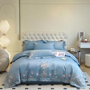 UJNHGQ Комплект постельного белья с вышивкой золотые цветы, хлопковый, однотонный синий Blue