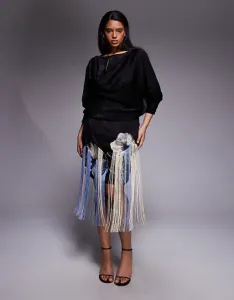 Черное атласное платье мини с бахромой и вышивкой ASOS DESIGN Curve