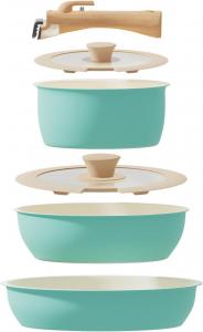 Набор посуды для приготовления ShanSon с антипригарным покрытием и съемной ручкой, 6 предметов, бирюзовый