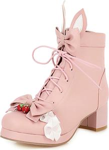 Женские ботильоны с боковой молнией, на широком каблуке, платформой, в стиле горничной, с декоративным бантом, украшением в виде клубничного зайчика, кружевом, в стиле Лолита, короткие принцевские ботиночки LYYSKY, Beige