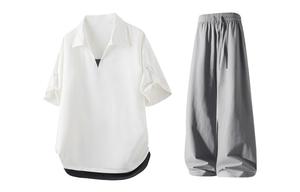 Повседневная спортивная одежда Unisex V-образный вырез тонкая X1617, белый t-shirt+темно-серый ice silk pants