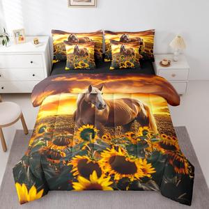 Erosebridal Комплект постельного белья Horse Bed in a Bag с принтом подсолнухов в стиле винтажной масляной живописи, всесезонный, Orange