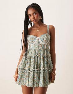 Корсетное мини-платье с кружевом и бисером, отделкой кружевом и оборками, мелким цветочным узором Lace & Beads