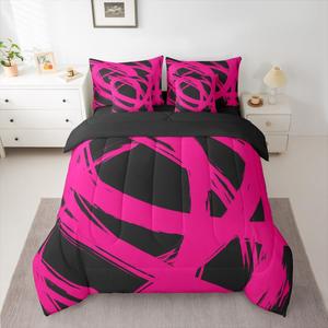 Erosebridal Комплект постельного белья Rose Pink and Black с абстрактным геометрическим принтом в стиле граффити, Rose Pink