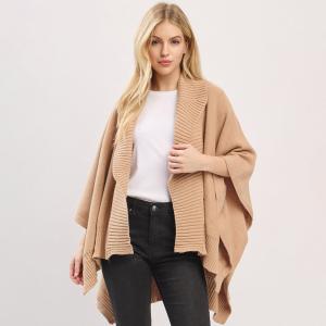 Ребристая отделка Открытый перед Мягкий вязаный шаль Накидка Пончо TRUEDAMES, Taupe