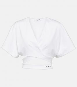 Укороченный топ из хлопкового джерси с логотипом ALAÏA, белый