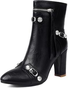 Женские ботильоны с острым носком на массивном высоком каблуке, модные с заклепками и молнией, зимние, нарядные короткие ботинки JOEUSTY, Black-Velvet Lined