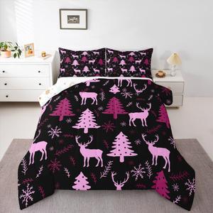 Erosebridal Комплект постельного белья с новогодним принтом оленей и снежинок для детей, Hot Pink