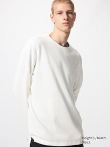 Футболка с вафельной текстурой, круглый вырез, длинный рукав Uniqlo, 01 off white