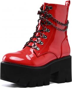 Женские готические ботильоны на платформе с цепочкой, лакированные, с боковой молнией, модные, удобные, с круглым носком, массивным высоким каблуком, на шнуровке, в стиле боевых ботинок, Y2K, панк, мотоциклетные ботинки LOVEHEYNEW, Red