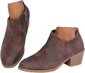 Модные женские ботильоны 2024 с массивным каблуком, вестерн-стиля, с необычным вырезом, заостренным носком и короткие с боковой молнией Generic, Brown