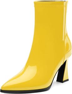 Женские ботинки с острым носком на высоком каблуке, укороченные ботильоны с боковой молнией, модные короткие ботинки из искусственной лакированной кожи для женщин RLYGHWAO, Yellow Patent