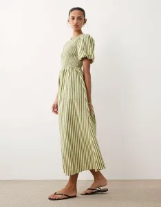 Зеленое платье миди в полоску с присборками New Look