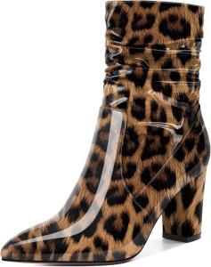 Женские свободные ботильоны Mettesally с высокими массивными каблуками, заостренным носком, боковой молнией, каблук 3,5 дюйма, полусапожки для платья, Patent Leopard
