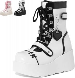Женские кожаные милые панк-сапоги на высокой платформе с клиновидным каблуком, круглым носком, боковой молнией и шнуровкой, Y2K, средние по голенище, для езды на мотоцикле и рейв-вечеринок WYUETRA, White