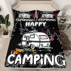 Erosebridal Комплект постельного белья Happy Camping с автомобильным принтом для детей, черно-белый, Black and White