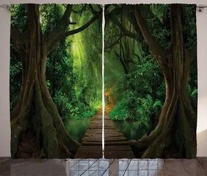 Штора ABAKUHAUS "Дерево в лесу", "Тропинка в таинственном тропическом лесу", для спальни, сборчатая, с петлями и крючками, 280 x 225 см, желто-зеленый Abakuhaus