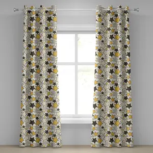 Желтая штора на люверсах ABAKUHAUS, желтые и черные звезды с ретро-узором в горошек - Old Fashion Fun, декоративные двухпанельные шторы, 280 см x 175 см, цвет "календула", черный, белый Abakuhaus