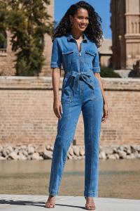 Джинсовый комбинезон в стиле милитари с завязками на талии Sosandar, синий