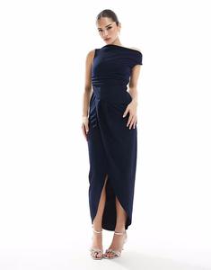 Платье макси для подружек невесты TFNC с вырезом-лодочкой и сборками темно-синего цвета